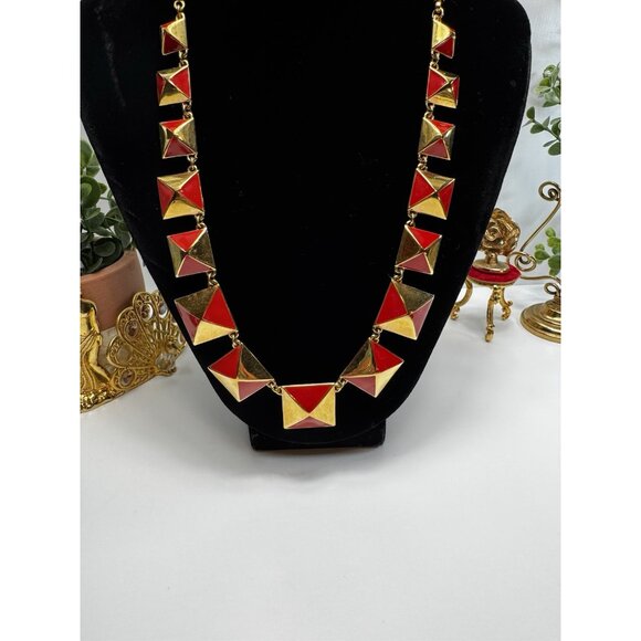 Vintage Red Gold Enamel Geometric Necklace Marc Jacobs Style Statement - Picture 2 of 7